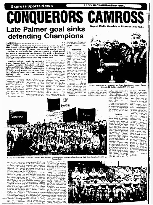 The Leinster Express coverage of Camross's 1985 Laois SHC success